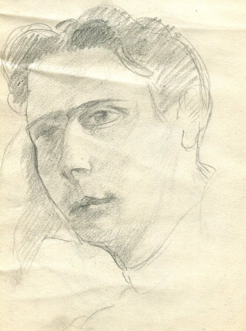 Vintage Original Pencil Drawing Man Portrait c. 1929: Vintage Old Pencil Drawing Man Portrait c. 1929 Description pencil on paper (both sided) 18 x 23 cm / 7.08 x 9.05 inches folds, stains Reserve: $40.00 Shipping: Domestic: Flat-rate of