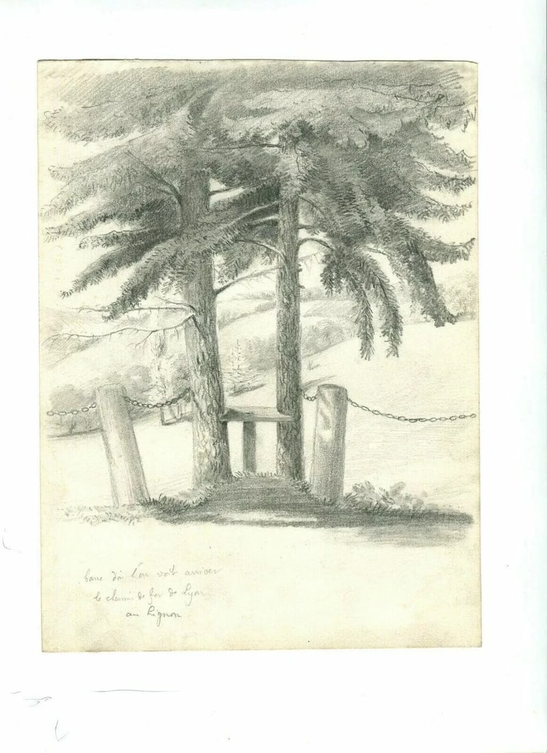 Landscape Chemin de Fer, Lyon, Rignon Antique Pencil Drawing Original 19th - 3