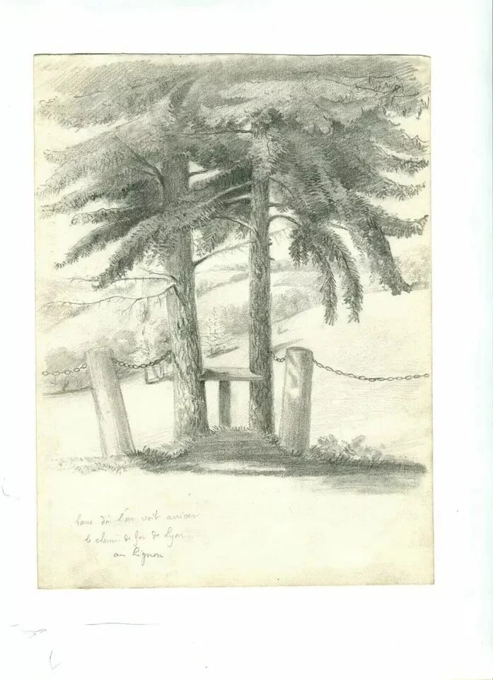 Landscape Chemin de Fer, Lyon, Rignon Antique Pencil Drawing Original 19th - 9