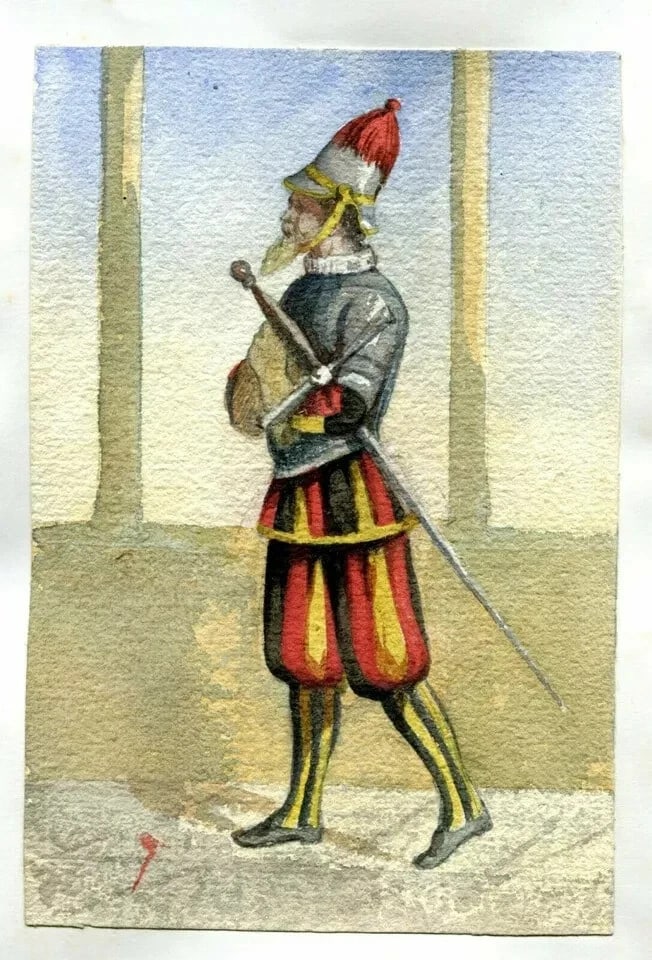 Drawing Costume, Man, Italy, Religious, Vatican, Guard Antique Original - 3