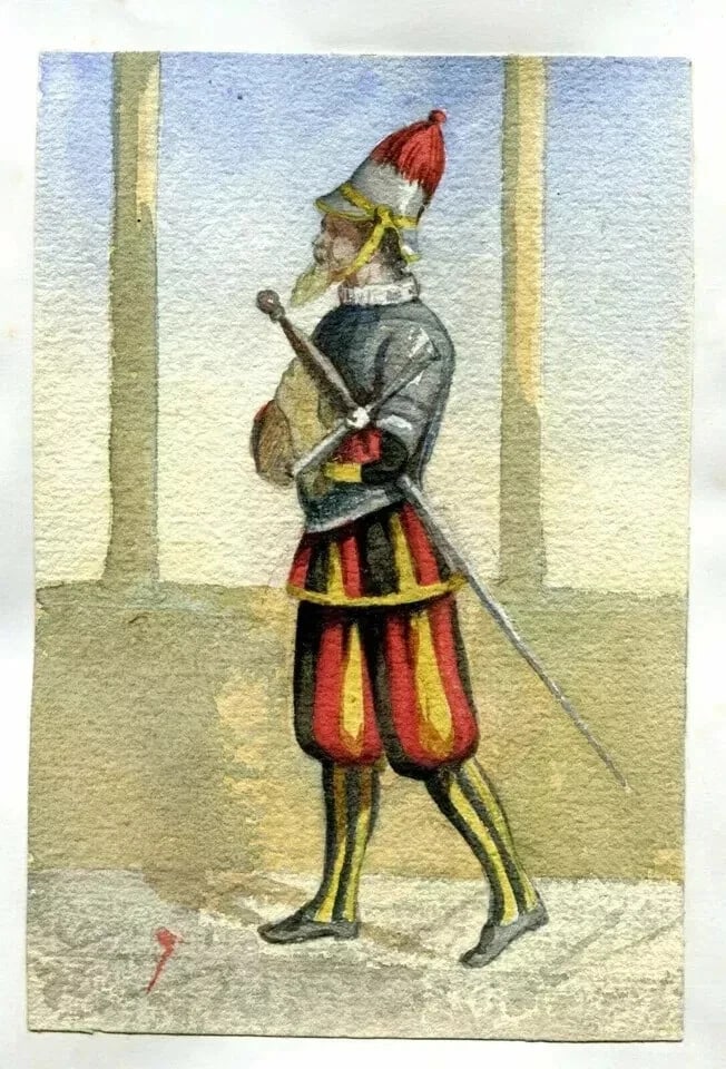 Drawing Costume, Man, Italy, Religious, Vatican, Guard Antique Original - 9