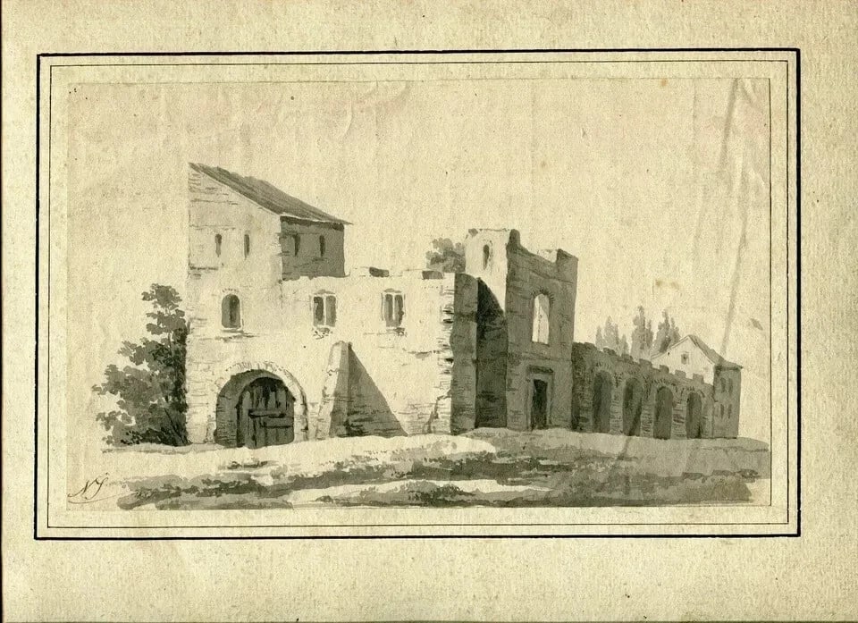 19th century Ruined Building, Architecture Drawing Antique Ink Original - 9