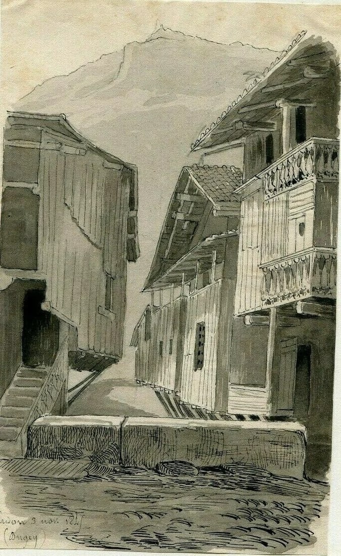 Landscape Cerdon en Bugey, Chalets Drawing Antique Ink Original 1845 - 2