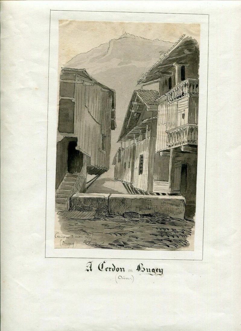 Landscape Cerdon en Bugey, Chalets Drawing Antique Ink Original 1845 - 3