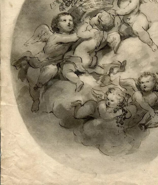Antique Etching Angels in the Sky with Fruits after Fragonnard? - 7
