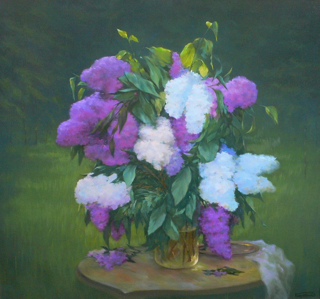Oil painting A bouquet of lilacs Vasily Korkishko: Title: Oil painting A bouquet of lilacs Vasily Korkishko Description: Kork 216 *** ABOUT THIS PAINTING *** * TITLE: "A bouquet of lilacs" * ARTIST: Vasily Korkishko * SIZE: 109x100 cm/'42.91x39.37 inc
