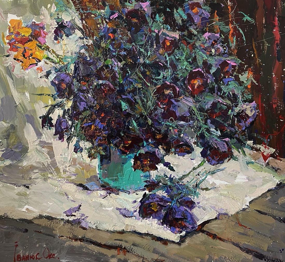 Oil painting Dream grass Oksana Ivanyuk: Title: Oil painting Dream grass Oksana Ivanyuk Description: Kalen 1618 The oil painting on Canvas titled "Dream Grass" invites viewers into a quiet, contemplative still life, rendered with thick, expr