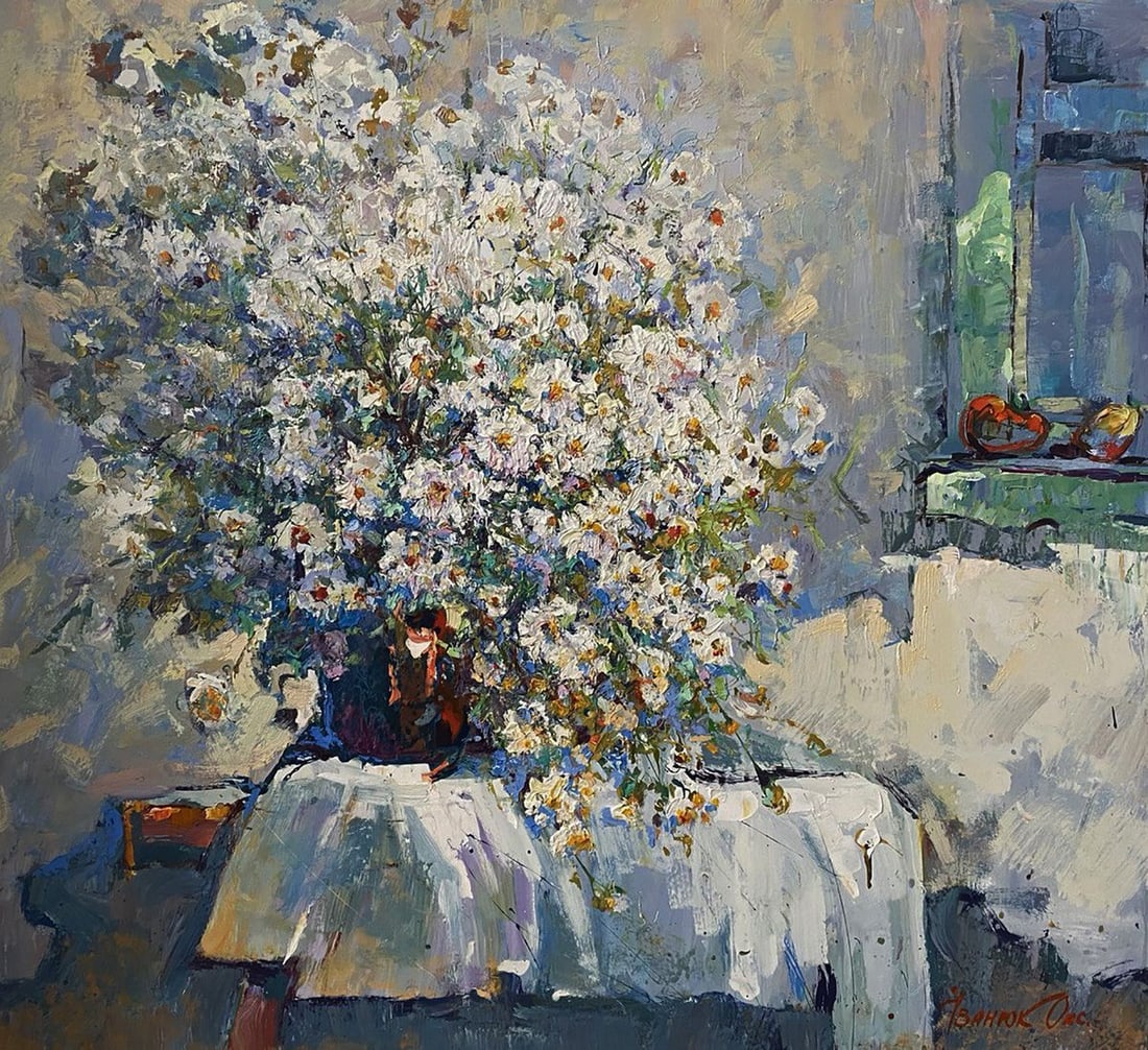 Oil painting Field chamomile Oksana Ivanyuk: Title: Oil painting Field chamomile Oksana Ivanyuk Description: Kalen 1620 The oil painting on Canvas titled "Field Chamomile" is a luminous celebration of simplicity, nature, and the quiet poetry of