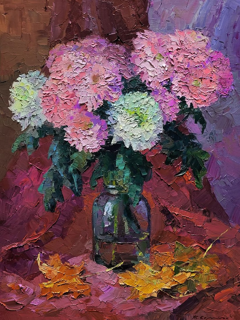 Oil painting Bouquet of chrysanthemums Boris Serdyuk: Title: Oil painting Bouquet of chrysanthemums Boris Serdyuk Description: SERB 1177 The oil painting on canvas titled "Bouquet of Chrysanthemums" presents a stunning still life that encapsulates the gr