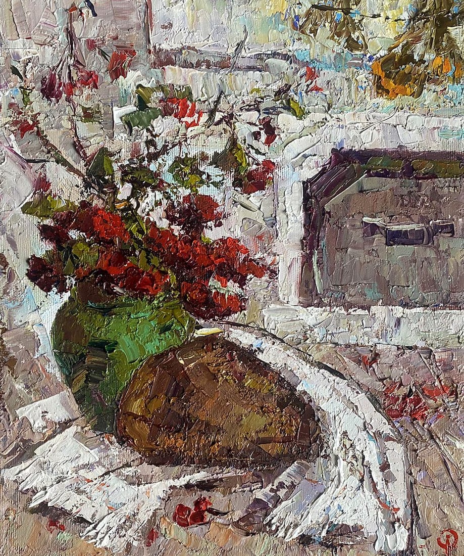 Oil painting Viburnum on the table Oksana Kalenyuk: Title: Oil painting Viburnum on the table Oksana Kalenyuk Description: Kalen 1278 The oil painting "Viburnum on the Table" is a textured still life that encapsulates the rustic charm and vividness