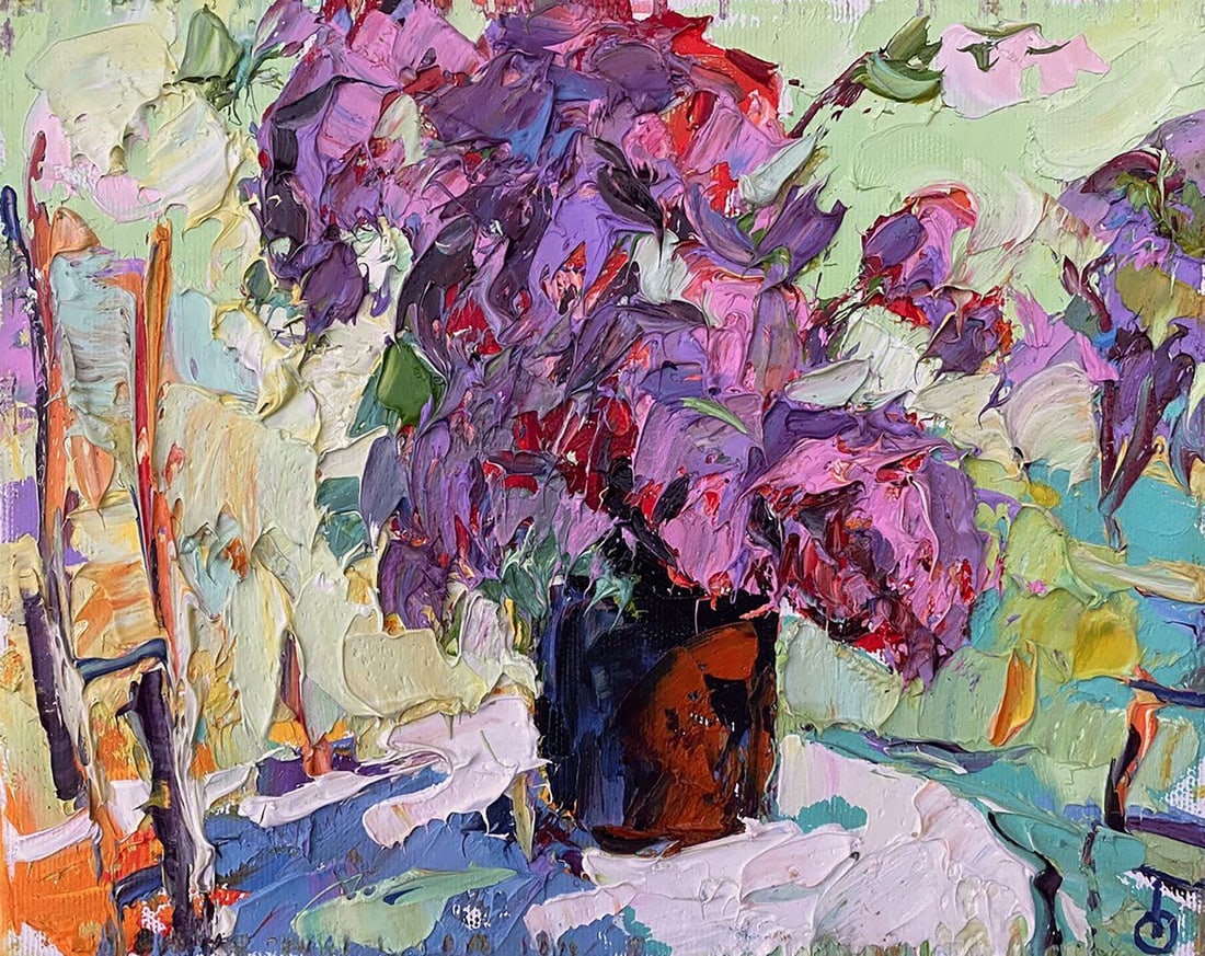 Oil painting Lilac Alex Kalenyuk: Title: Oil painting Lilac Alex Kalenyuk Description: Kalen 1354 "Lilac" is a vibrant and expressive oil painting that captures the lush beauty of a bouquet of lilacs in full bloom. The artist uses a