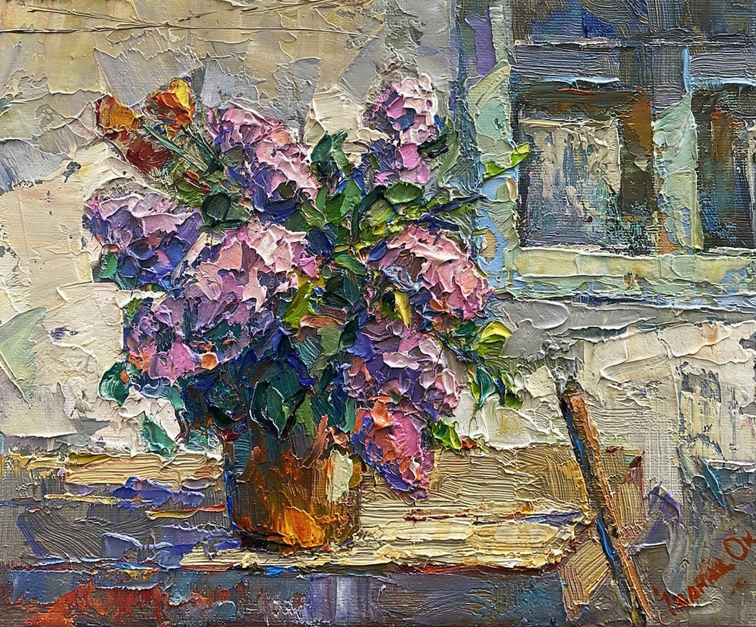 Oil painting Lilac on the bench Oksana Kalenyuk: Title: Oil painting Lilac on the bench Oksana Kalenyuk Description: Kalen 1395 "Lilac on the Bench" is an exquisite still life painting that captures the delicate beauty of a bouquet of lilacs