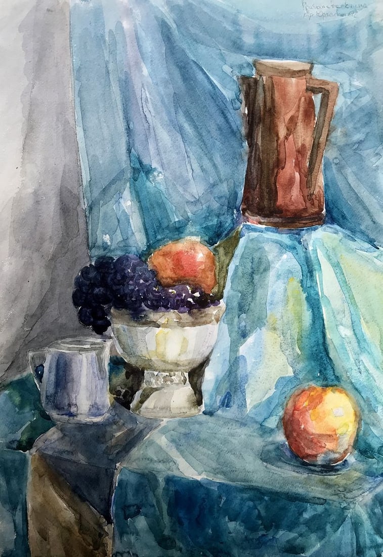 Watercolor painting Grapes in a vase Unknown artist (1 of 11)