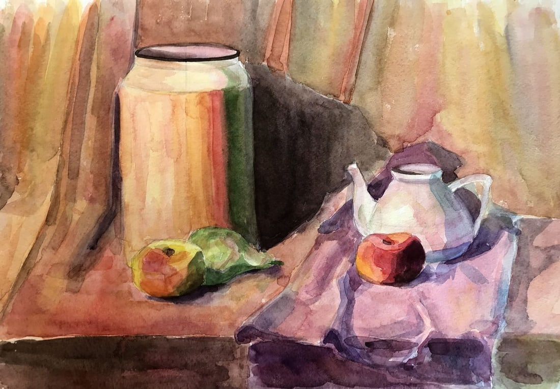 Watercolor painting Fruit and kettle Unknown artist (1 of 11)