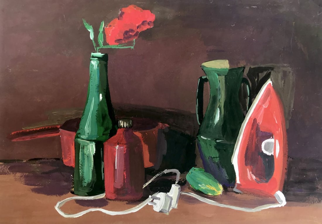 Gouache painting Iron and bottles Unknown artist (1 of 12)