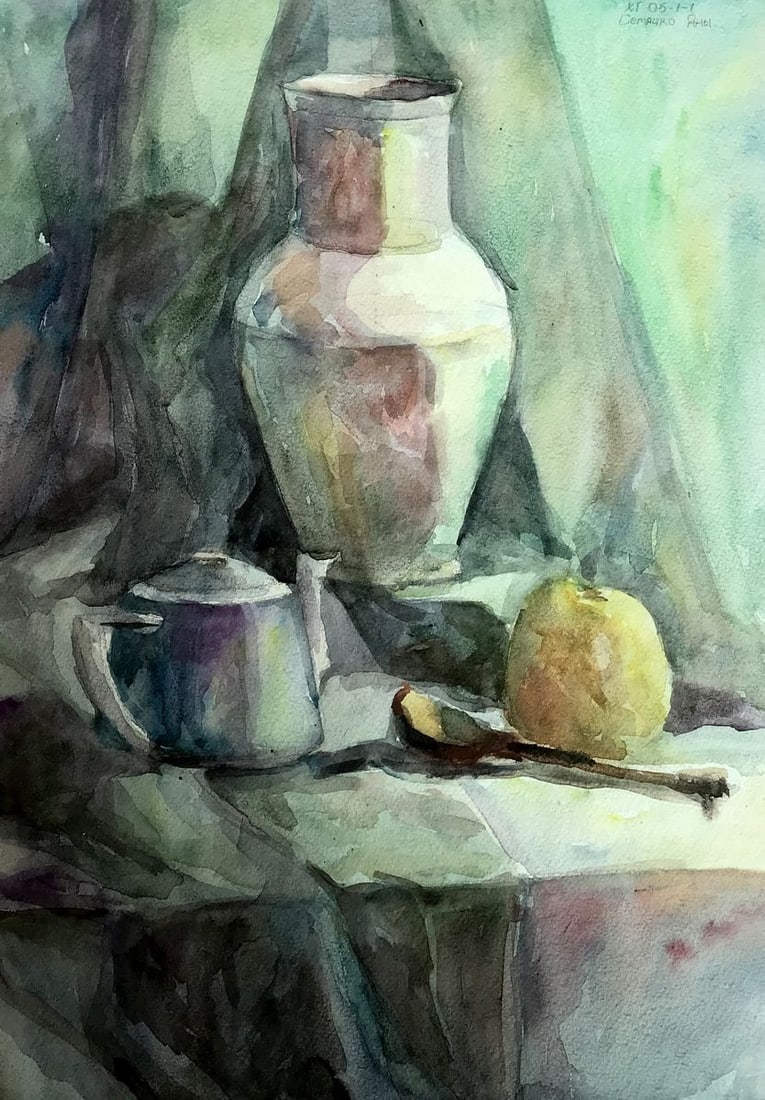 Watercolor painting Apples and tea Unknown artist (1 of 11)