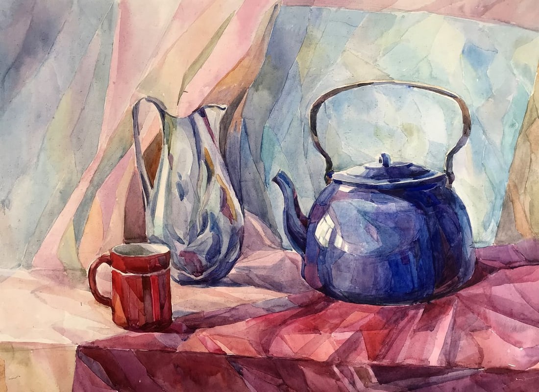 Watercolor painting Kettle on the table Unknown artist (1 of 11)