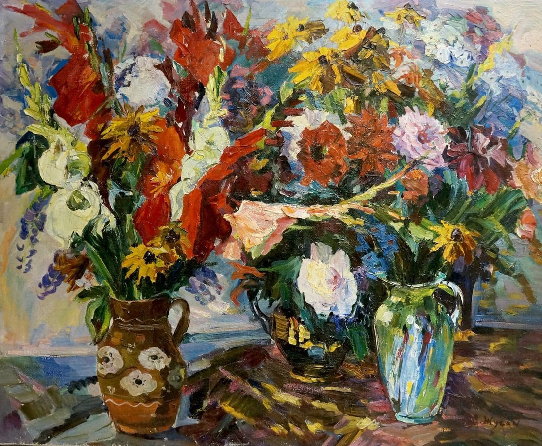 Oil painting Flowers Zhugan Vladimir Alexandrovich: Title: Oil painting Flowers Zhugan Vladimir Alexandrovich Description: Vern 1148 *** ABOUT THIS PAINTING *** * TITLE: "Flowers" * ARTIST: Zhugan Vladimir Alexandrovich * SIZE: 80x100 cm/'31.49x39.37 i