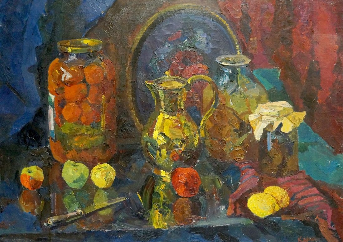 Oil painting Still life Kerzhner Efim Aleksandrovic: Title: Oil painting Still life Kerzhner Efim Aleksandrovic Description: Vern 1044 *** ABOUT THIS PAINTING *** * TITLE: "Still life" * ARTIST: Kerzhner Efim Aleksandrovich * SIZE: 70x100 cm/'27.55x39.3