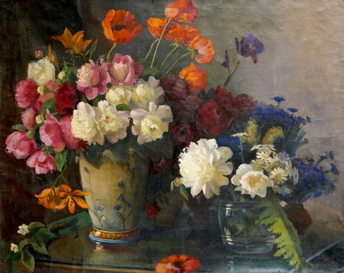 Oil painting Flowers Smirnov Valentin Sergeevich: Title: Oil painting Flowers Smirnov Valentin Sergeevich Description: Vern 1055 *** ABOUT THIS PAINTING *** * TITLE: "Flowers" * ARTIST: Smirnov Valentin Sergeevich * SIZE: 79x99 cm/'31.10x38.97 inches
