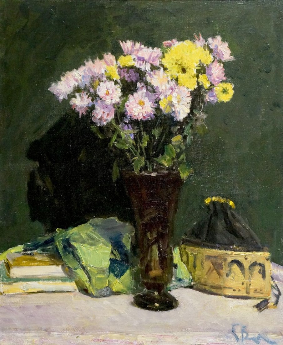 Oil painting Chrysanthemums Evgeny Vechtomov: Title: Oil painting Chrysanthemums Evgeny Vechtomov Description: Vern 1118 *** ABOUT THIS PAINTING *** * TITLE: "Chrysanthemums" * ARTIST: Evgeny Vechtomov * SIZE: 60x50 cm/'23.62x19.68 inches' * MEDI
