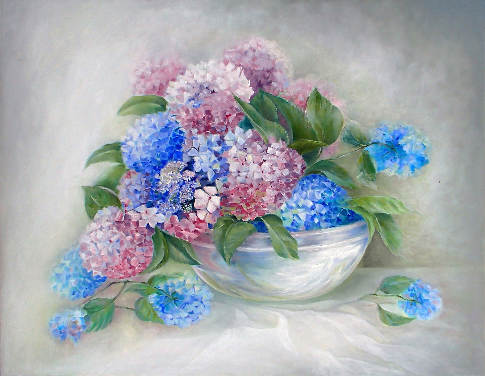 Oil painting Bouquet of hydrangeas Halyna Babak: Title: Oil painting Bouquet of hydrangeas Halyna Babak Description: 4BAB Painter: Halyna Babak Size: 70x90 cm/27.55x35.43 inches Components: oil, canvas Original painting CONDITION: excellent ARTIST: