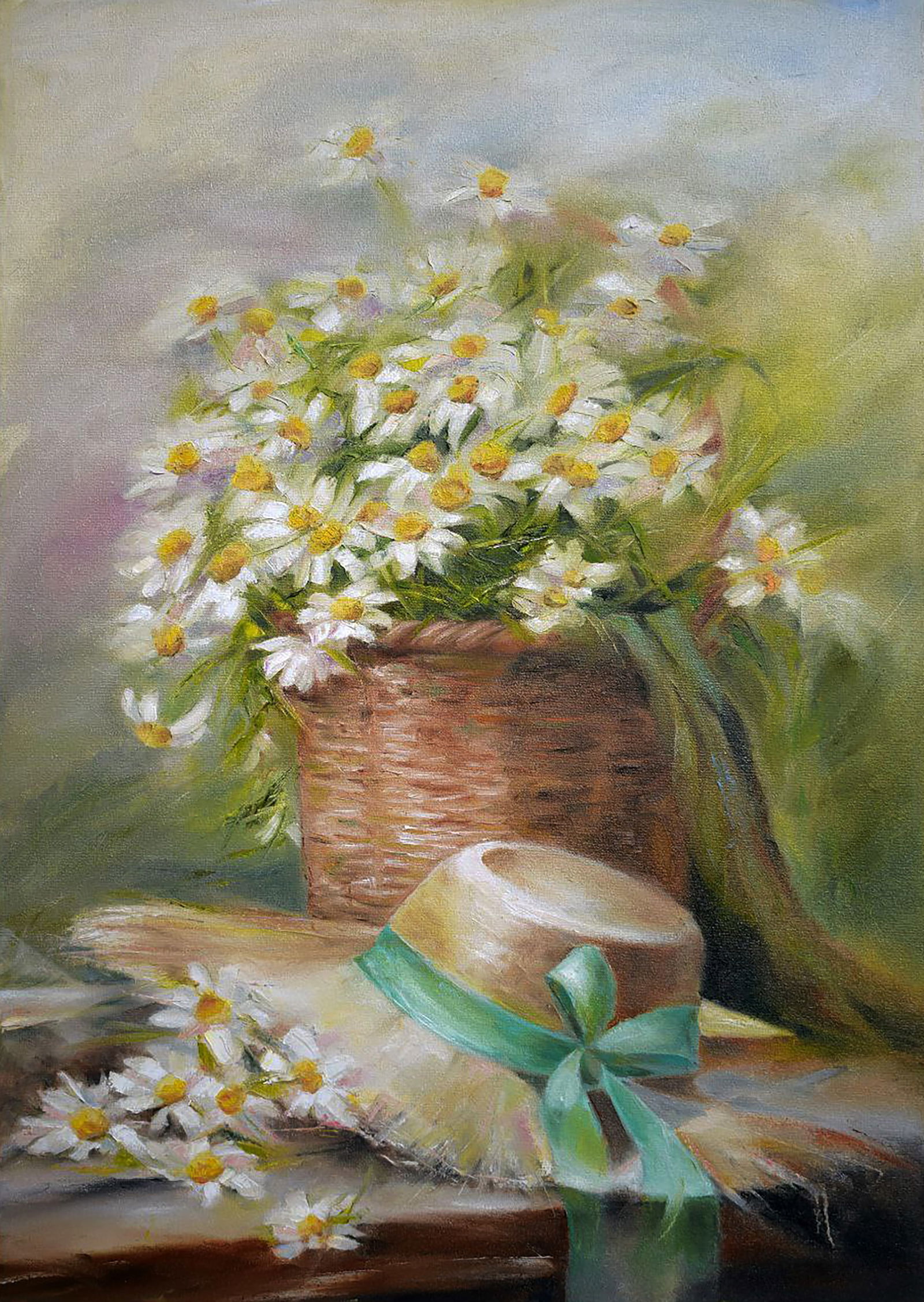 Oil painting A bouquet of daisies on the table Halyna Babak: Title: Oil painting A bouquet of daisies on the table Halyna Babak Description: 48BAB Painter: Halyna Babak Size: 70x50 cm/27.55x19.68 inches Components: oil, canvas Original painting CONDITION: