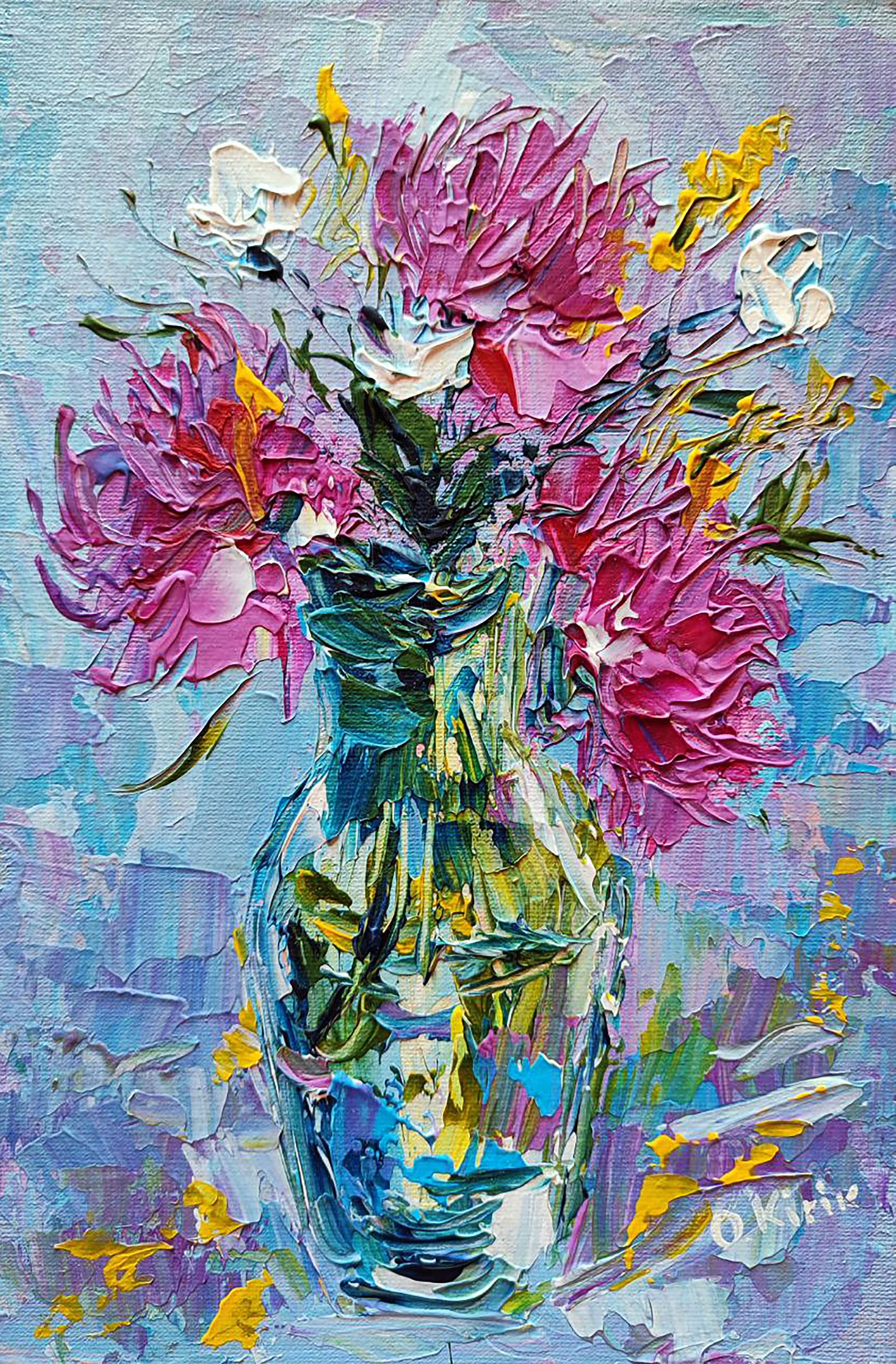 Acrylic painting Exquisite chrysanthemums Olena Kirik: Title: Acrylic painting Exquisite chrysanthemums Olena Kirik Description: 48KIRIK Painter: Olena Kirik Size: 30x20 cm/11.81x7.87 inches Components: acrylic, canvas on cardboard Original painting CONDI