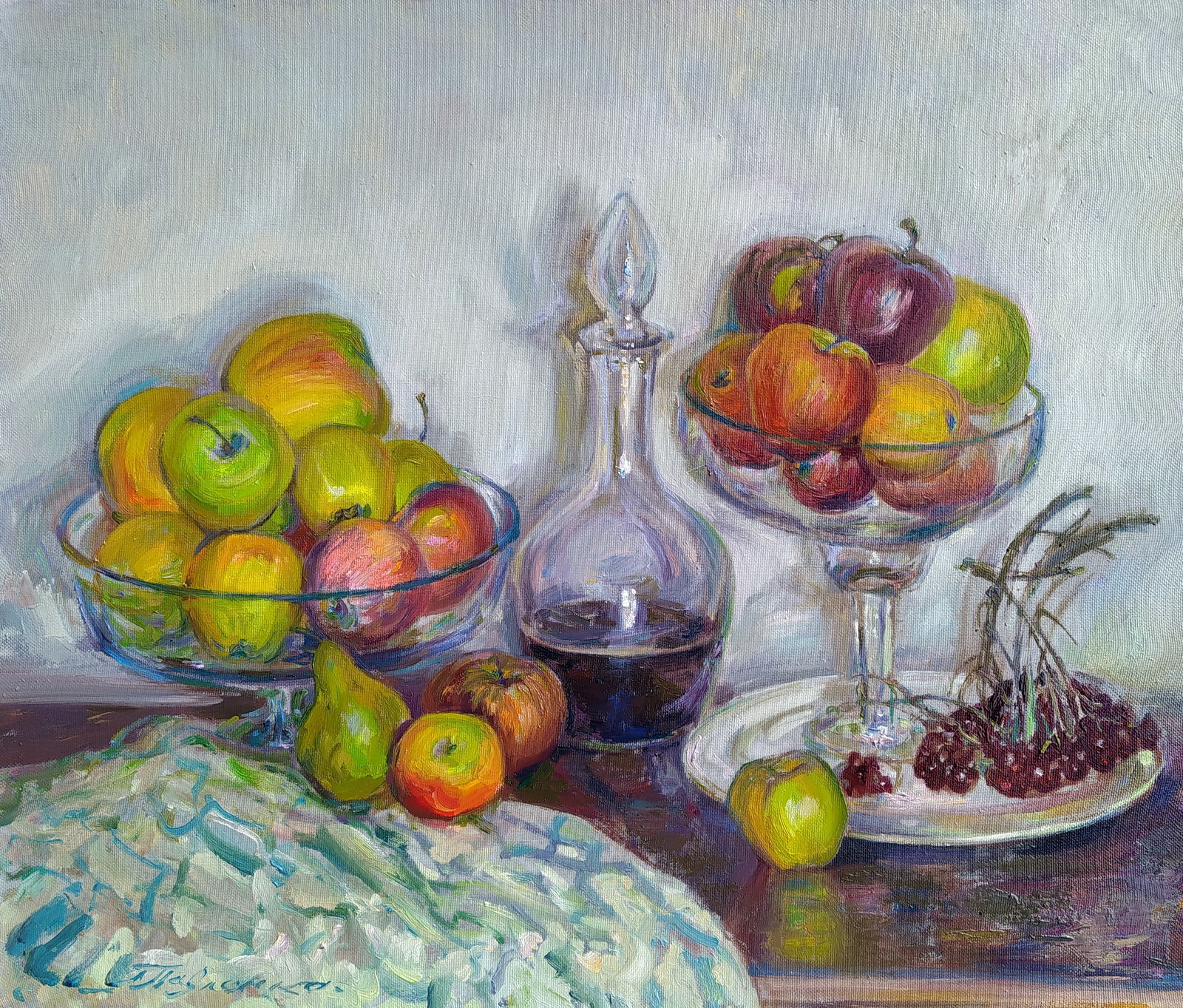 Oil painting Apples and wine Leonid Pavlenko: Title: Oil painting Apples and wine Leonid Pavlenko Description: 94PAVL Painter: Leonid Pavlenko Size: 60x70 cm/23.62x27.55 inches Components: oil, canvas Original painting CONDITION: excellent ARTIST