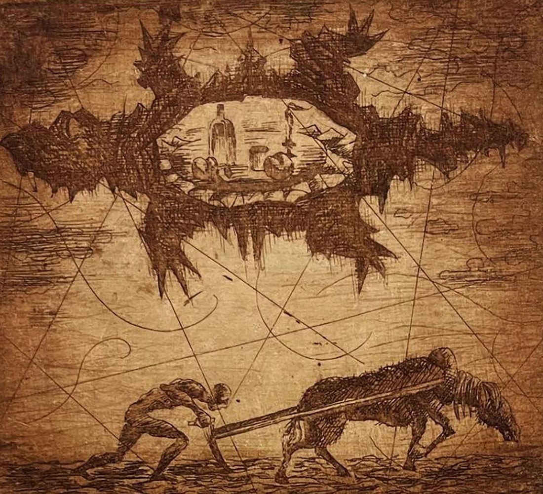 Etching painting Works for a living Oleksandr Zhmailo: Title: Etching painting Works for a living Oleksandr Zhmailo Description: Galler 342 *** ABOUT THIS PAINTING *** * TITLE: "Works for a living" * ARTIST: Oleksandr Zhmailo * SIZE: 13x13 cm/'5.11x5.11 i