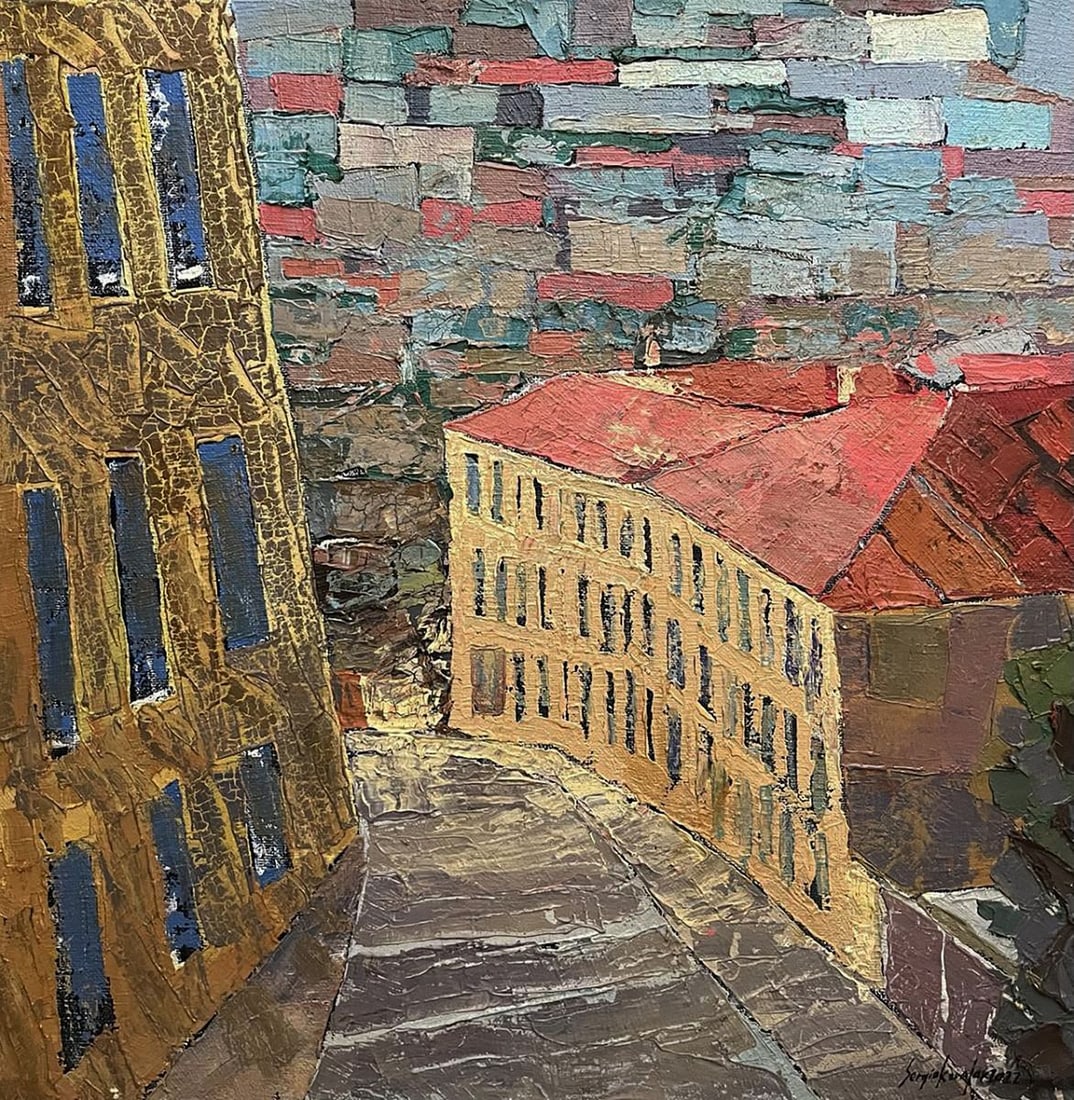 Oil painting City alley Serhiy Kovalev: Title: Oil painting City alley Serhiy Kovalev Description: Galler 69 *** ABOUT THIS PAINTING *** * TITLE: "City alley" - In the cities we live part one * ARTIST: Serhiy Kovalev * SIZE: 75x75 cm/'29.52