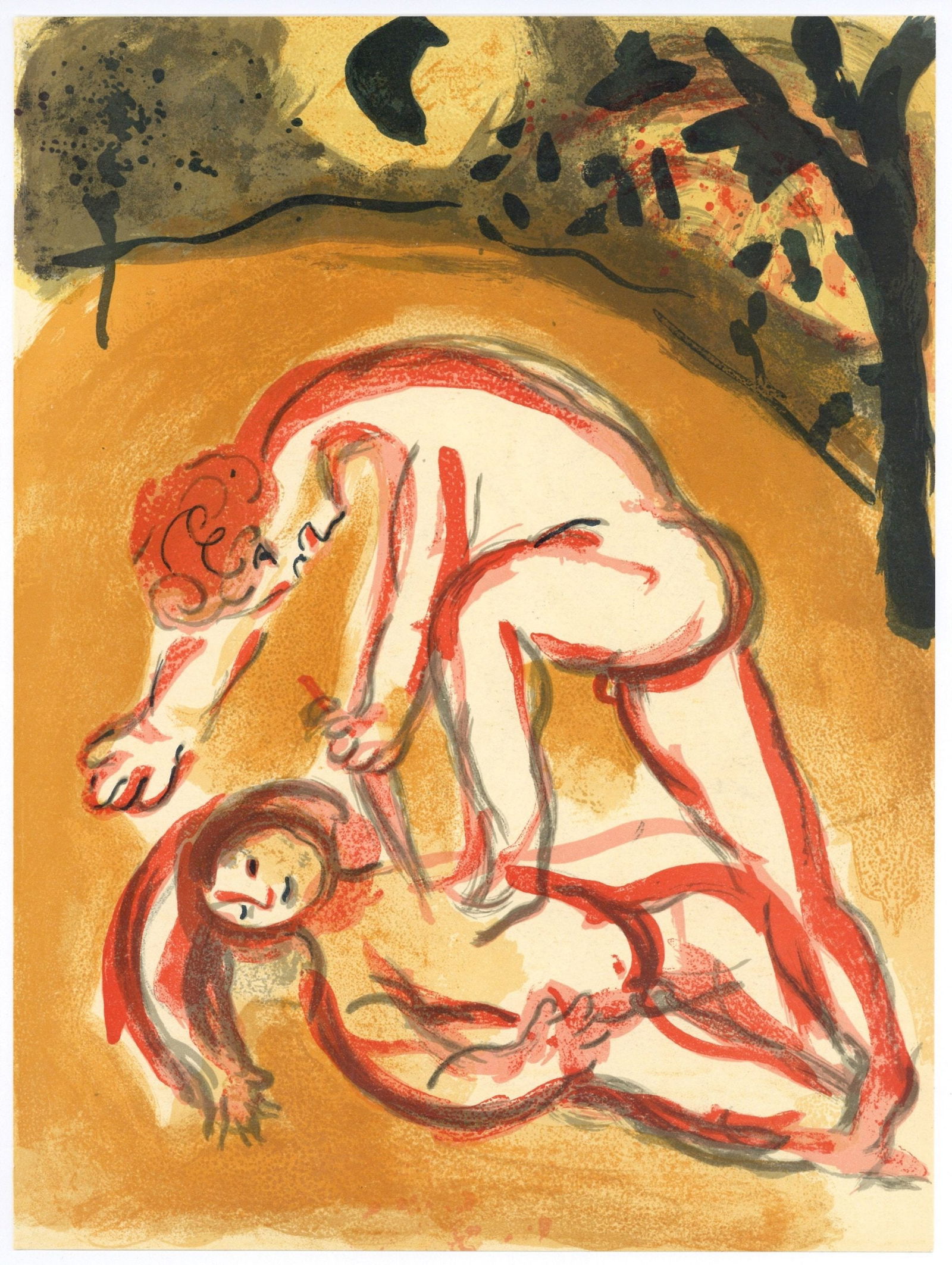 Chagall Original Lithograph Cain and Abel Bible 1960: Title: Chagall Original Lithograph Cain and Abel Bible 1960 Description: Artist: Marc Chagall Title: Cain and Abel Bible Medium:Color Lithograph Marks: Not signed, not numbered Printed: by Mourlot, Fr