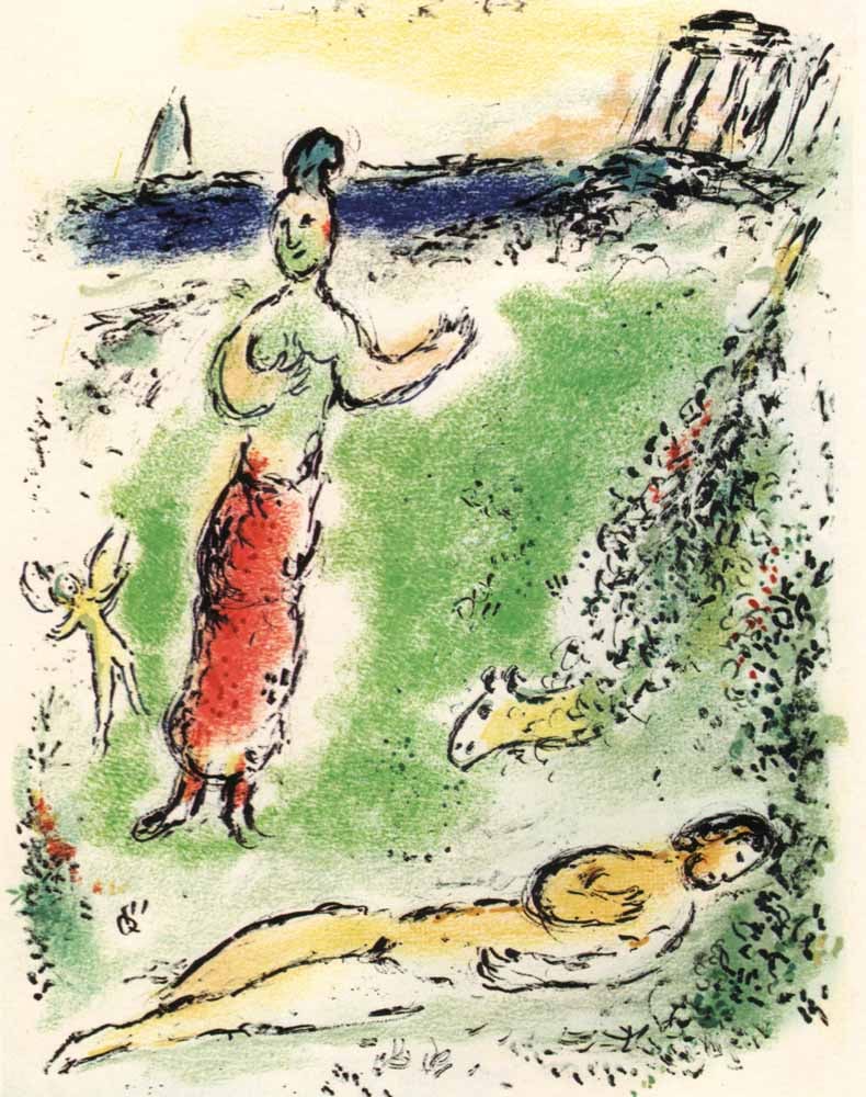1989 Chagall Lithograph v2-13 Odyssee Athene puts Ulisses to sleep: Title: 1989 Chagall Lithograph v2-13 Odyssee Athene puts Ulisses to sleep Description: Title:Athene puts Ulisses to sleep Artist: Marc Chagall Medium: Lithograph Marks: Not signed not numbered Printed
