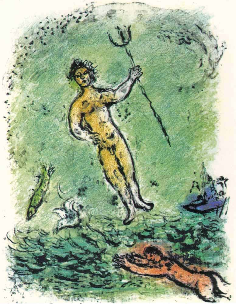 1989 Chagall Lithograph v2-9 Odyssee Poseidon: Title: 1989 Chagall Lithograph v2-9 Odyssee Poseidon Description: Title: Poseidon Artist: Marc Chagall Medium: Lithograph Marks: Not signed not numbered Printed: 1989 in Germany Paper: Wove size 15 x