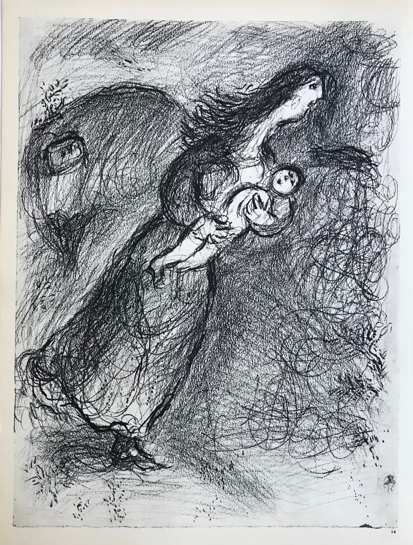 Chagall P14 Drawings for the Bible Hagar in the Desert 1960: Title: Chagall P14 Drawings for the Bible Hagar in the Desert 1960 Description: Title: Hagar in the desert Artist: Marc Chagall Country: Russia Medium: Heliogravure P14 Marks: Not signed not numbered