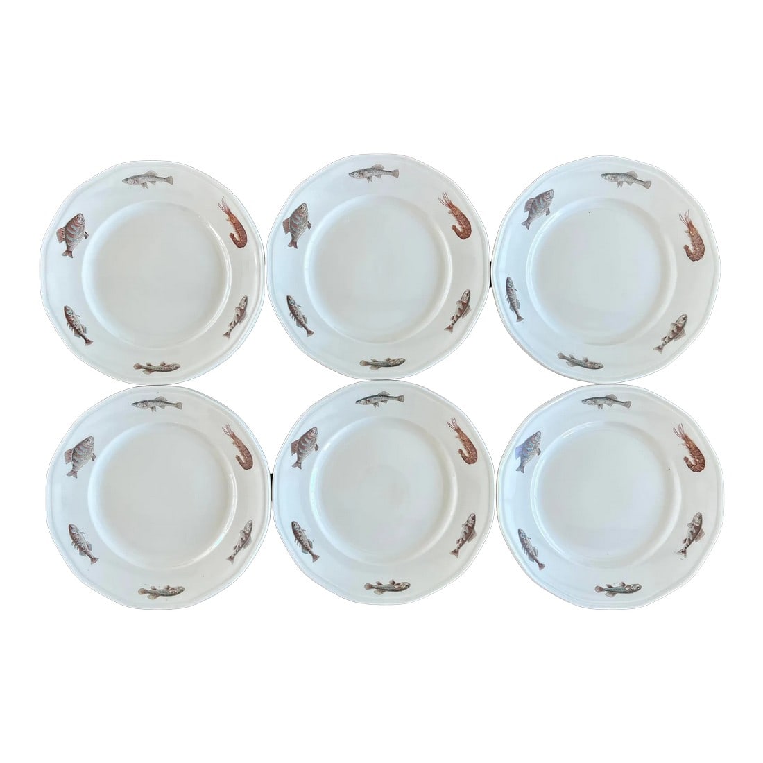 1970s Richard Ginori Italy Nautical Fish Porcelain Plates- Set of 6: Set of six high-quality Richard Ginori china fish dinner plates. Twelve-sided rim (dodecagon) with hand-painted designs featuring a variety of fish. The rim figures are the same on all plates. Marked