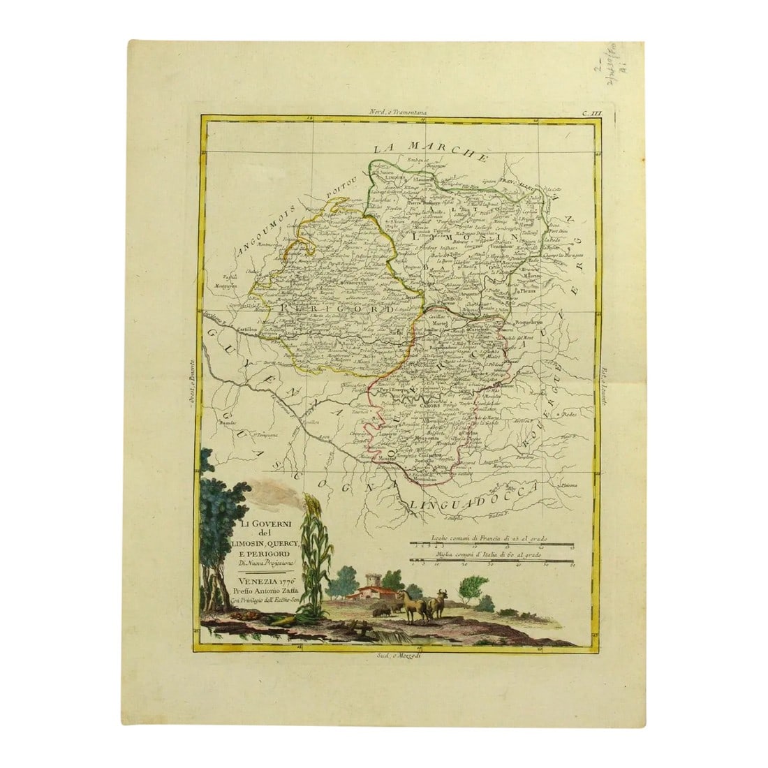 1776 Map of Limousin France by Antonio Zatta (1722-1804) Atlante Novissimo: A rare, original 18th century antique map Copper engraved, hand-colored in outline, double-page map showing administrative divisions, towns, villages, forests, mountains and rivers. Relief shown by