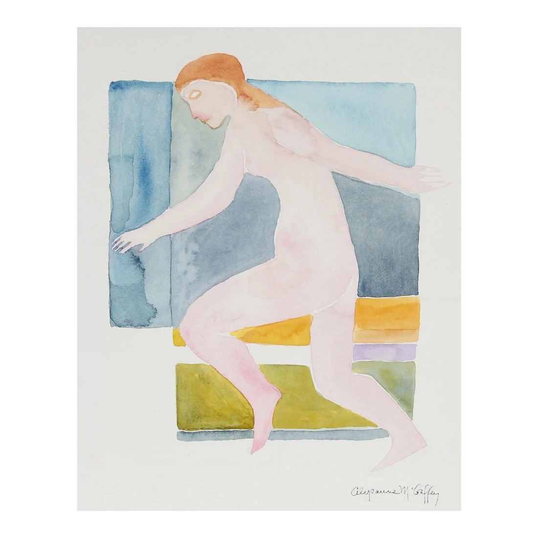Dancing Female Nude 20th Century Watercolor: This watercolor on paper painting is by Bay Area artist Alysanne McGaffey (1931-2018). Born in Seattle, McGaffey moved to San Francisco in the mid 1950s to study at SFAI with Bay Area Figurative