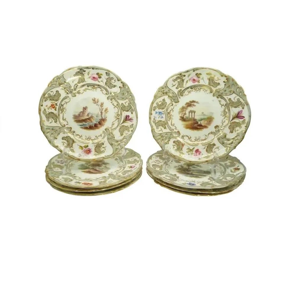 Antique English Hand-Painted Landscape Scenes Pierced Work Gilt Edges Cabinet Plates- Set of 8 - 10