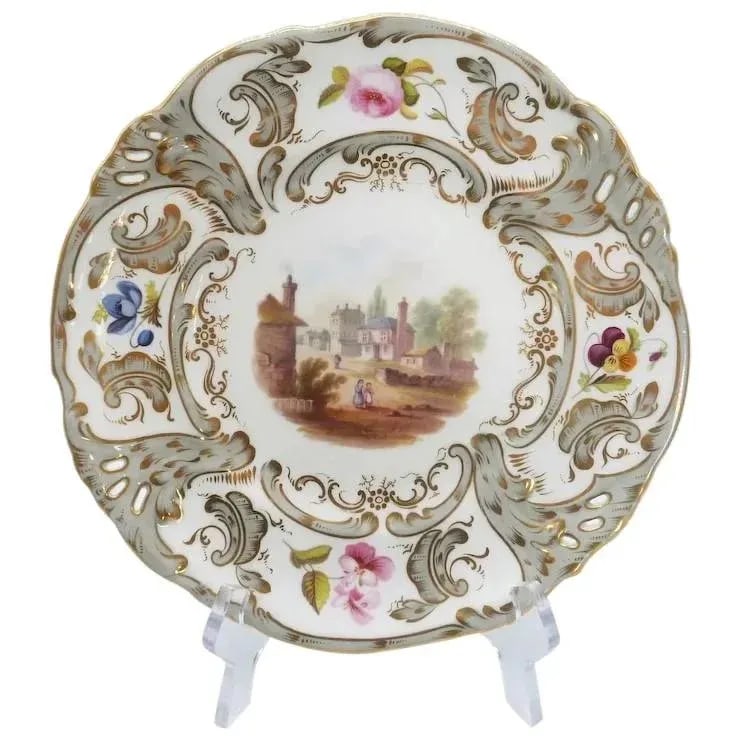Antique English Hand-Painted Landscape Scenes Pierced Work Gilt Edges Cabinet Plates- Set of 8 - 2
