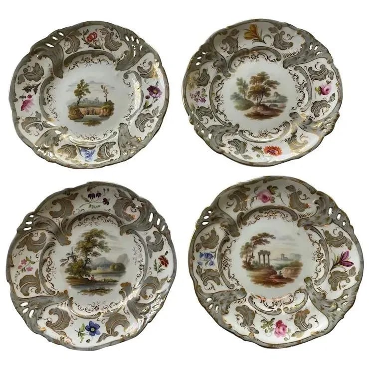 Antique English Hand-Painted Landscape Scenes Pierced Work Gilt Edges Cabinet Plates- Set of 8 - 3