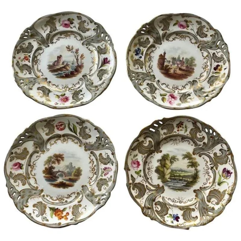 Antique English Hand-Painted Landscape Scenes Pierced Work Gilt Edges Cabinet Plates- Set of 8 - 5