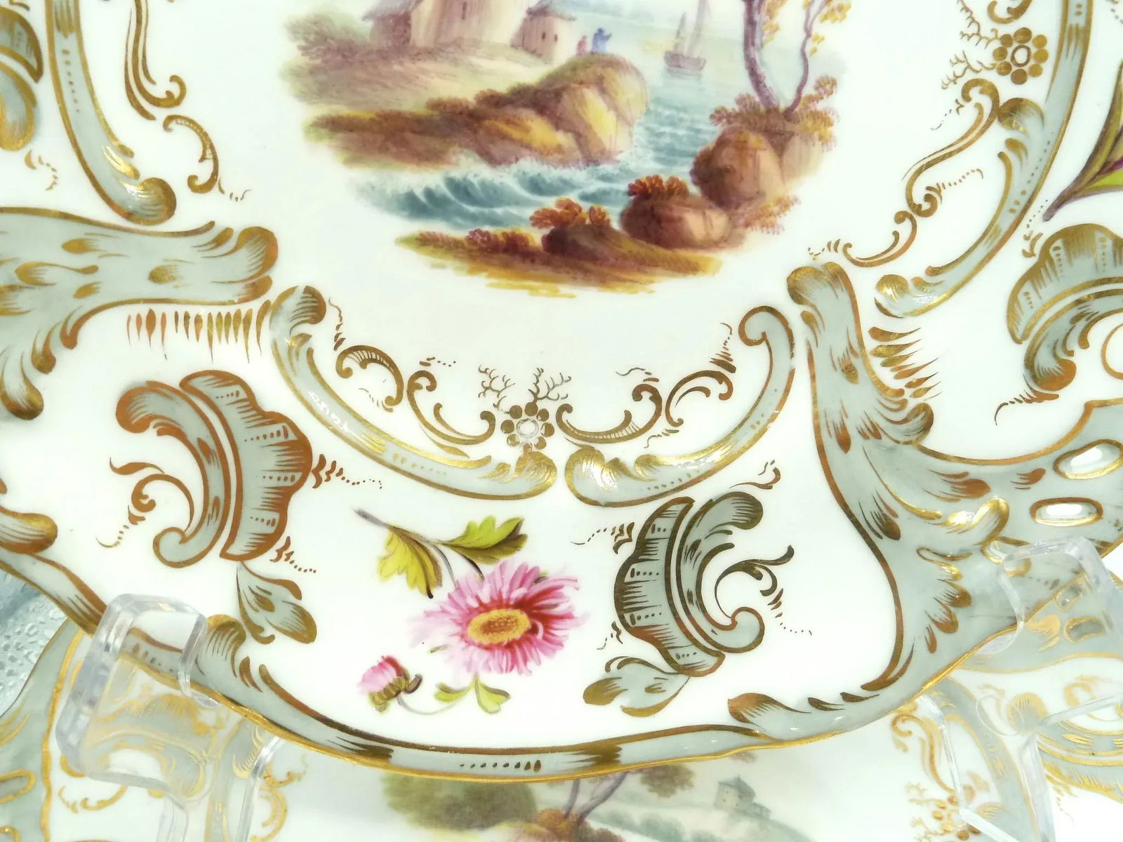 Antique English Hand-Painted Landscape Scenes Pierced Work Gilt Edges Cabinet Plates- Set of 8 - 9