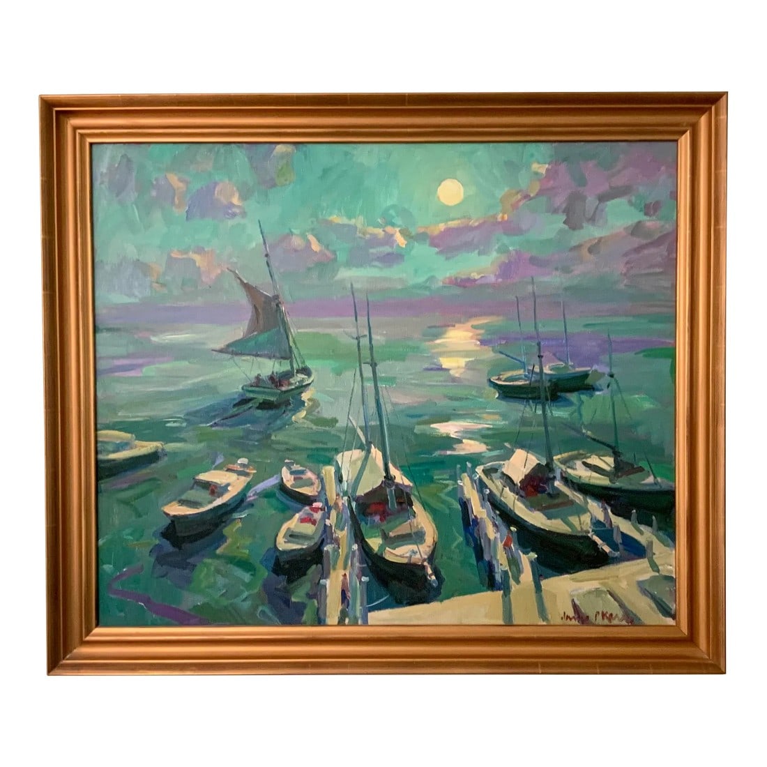 Moonlight Sail Impressionist Seascape Oil Painting by James P. Kerr: 30x36. Oil on canvas by Florida artist James P. Kerr. Signed lower right of painting, signed and inscribed on the back Condition: Original Condition Unaltered; Some Imperfections; Original condition D