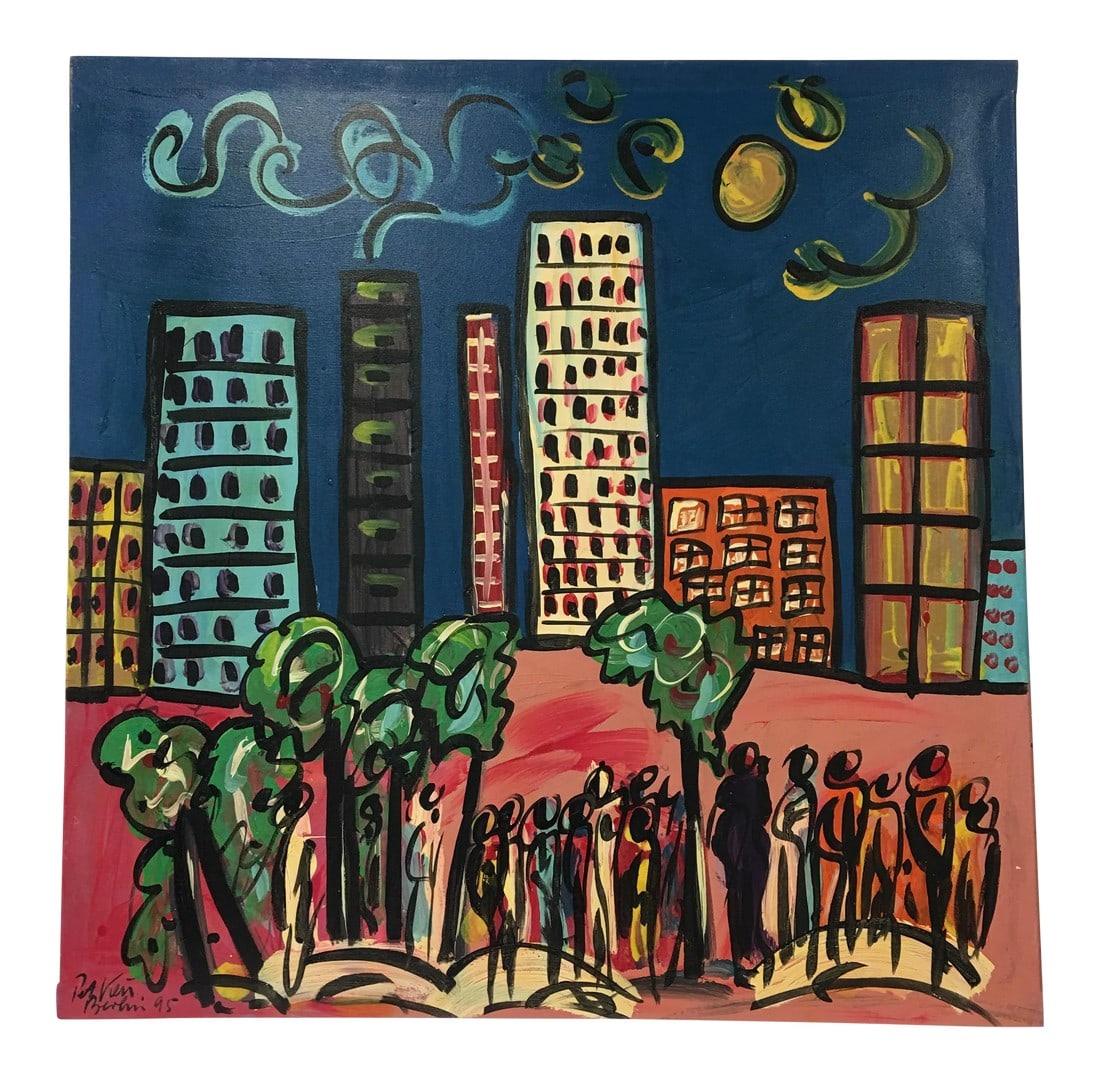 Peter Robert Keil "Moon Over Miami" Painting: Original art titled€œMoon Over Miami" by Peter Robert Keil. Signed and dated - 95' Peter Keil's oil paintings of landscapes showcased vibrant colors and the busy night of Miami. You can