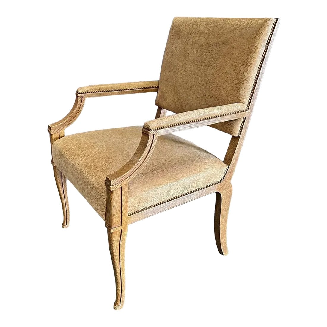Rift Oak & Upholstered Lair Arm Chair From the Madeline Stuart Collection: Wire Brushed Finish on Rift Oak. Inside Back & Seat Upholstered in The Ranch Collection. Outside Back Upholstered in Calvin #10748 Halcyon Herringbone Corn Silk. From the Madeline Stuart Collection. C