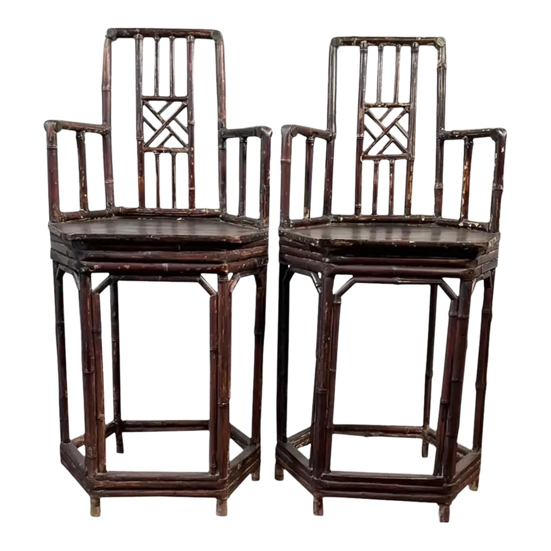 Pair of Early 20th Century Chinese Bamboo Chairs: For your consideration a marvelous Pair Of Early 20th Century Chinese Bamboo Chairs. These barrel-shaped chairs are in excellent condition for their age and have wear and loss of lacquer associated wi
