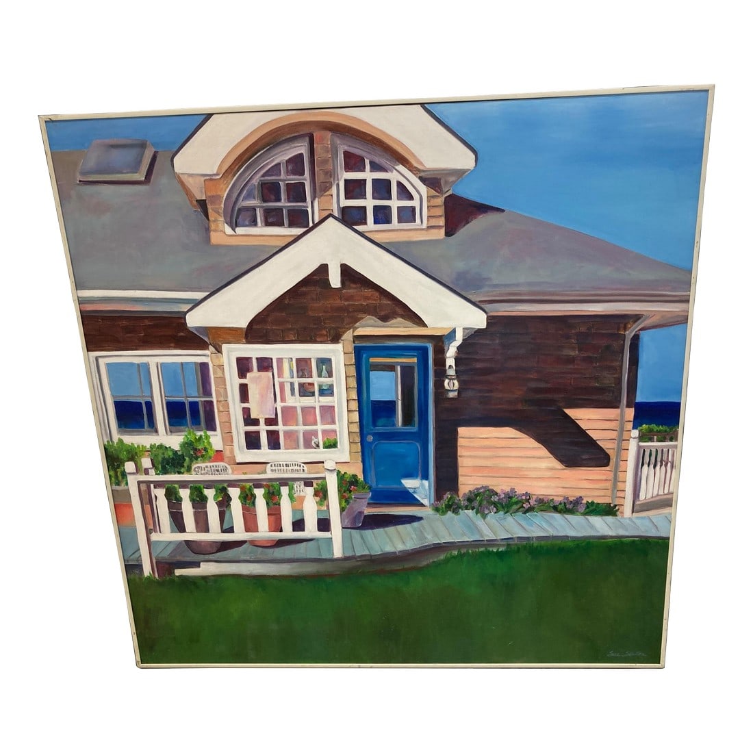 Sue Slater Realist Beach Cottage Painting: Gorgeous painting by California Artist Sue Slater. Her paintings are so warm and vibrant! Condition: Original Condition Unaltered; Some Imperfections; Excellent condition Dimensions: Height: 40