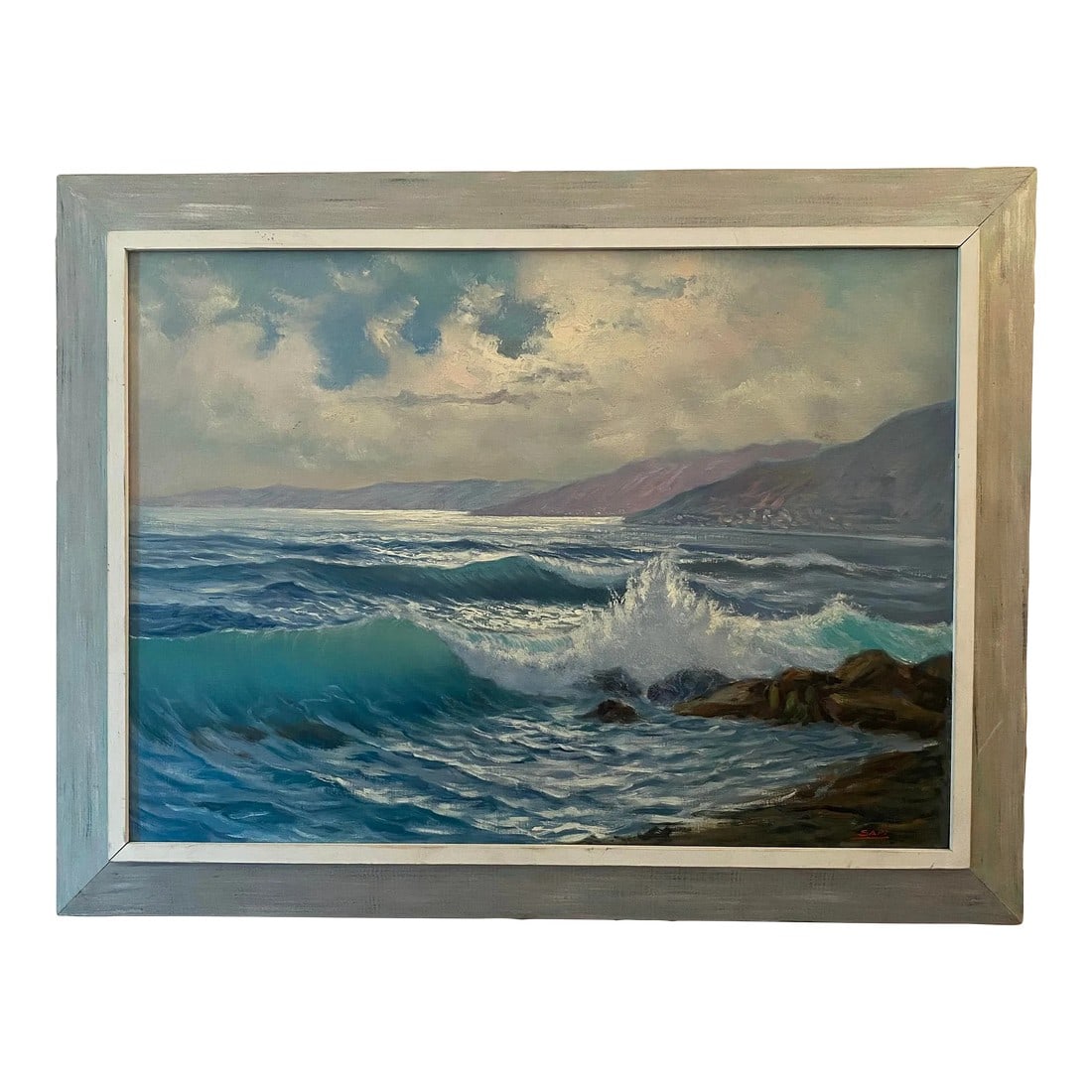 Original Large Seascape Nautical Oil Painting on Masonite Board Signed Sapi: This is an original large seascape nautical oil painting on masonite board signed in red "Sapi". It is mounted on a pastel painted wood frame with white trim. This features many shades of blue,
