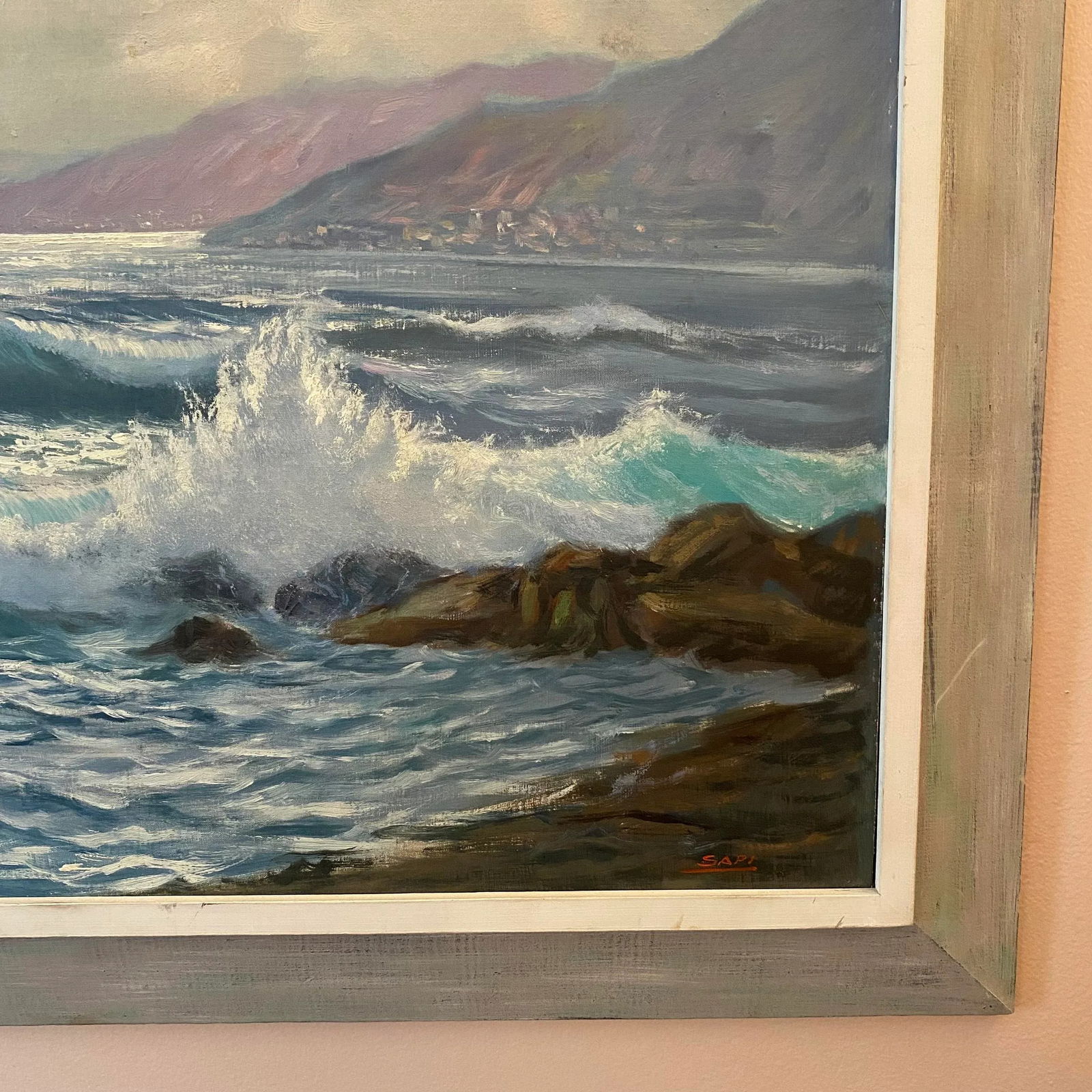 Original Large Seascape Nautical Oil Painting on Masonite Board Signed Sapi - 6